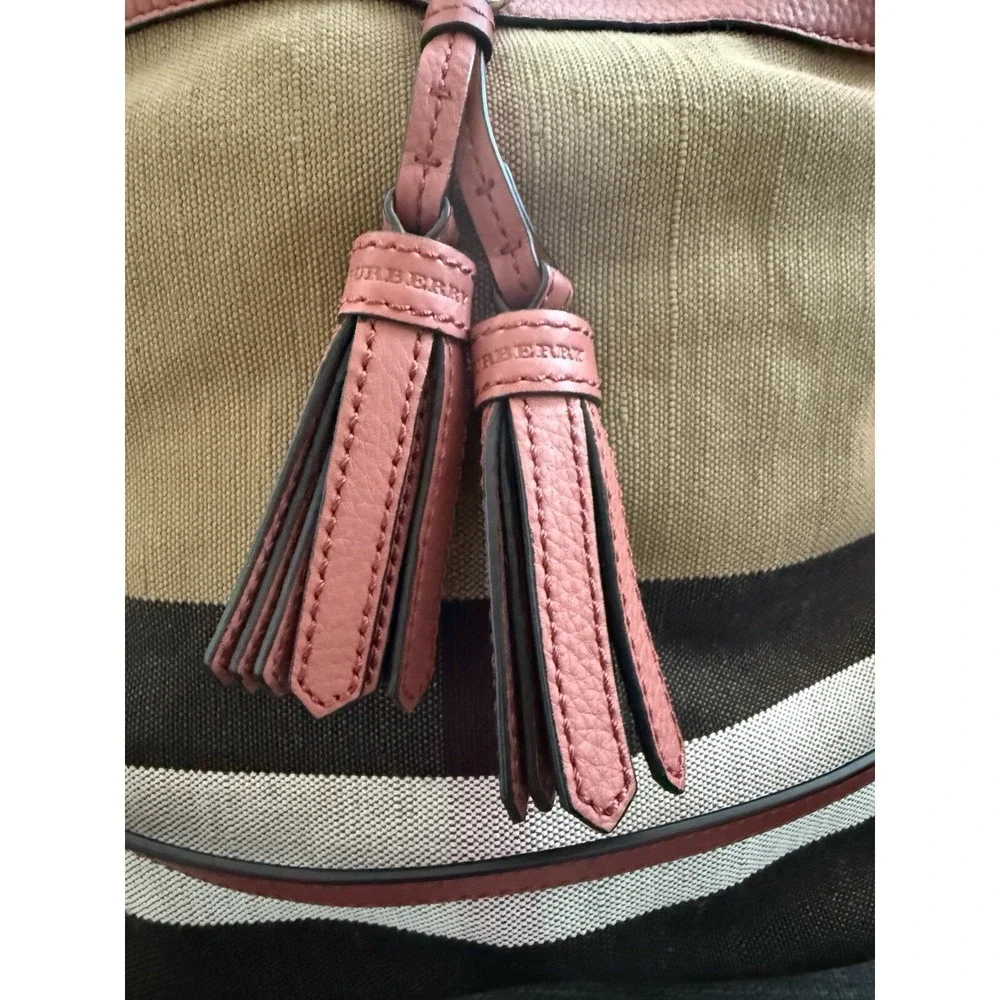 Burberry Grainy Calfskin Canvas Mega Check Medium Ashby Tassel Hobo Pink‎